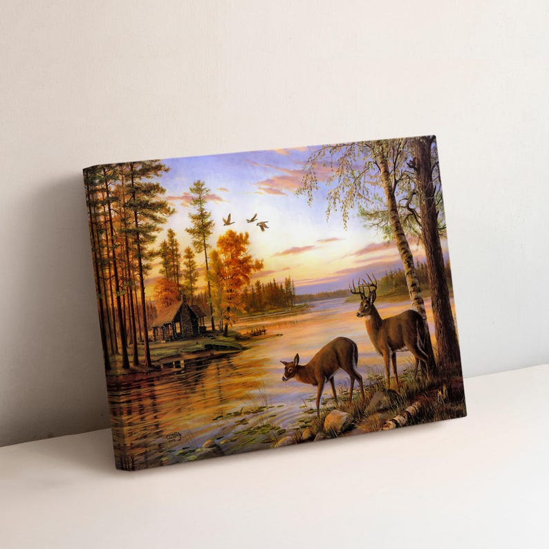 Wildlife Deer Canvas Wall Art - Animal Print Gifts - Mountain River and ...