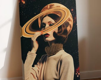 Vintage Space Dreams Retro WallArt on Canvas -Whimsical Trippy Wall Art -Psychedelic Cool Space Wall Print -Surreal Fantasy Cosmic Art Decor