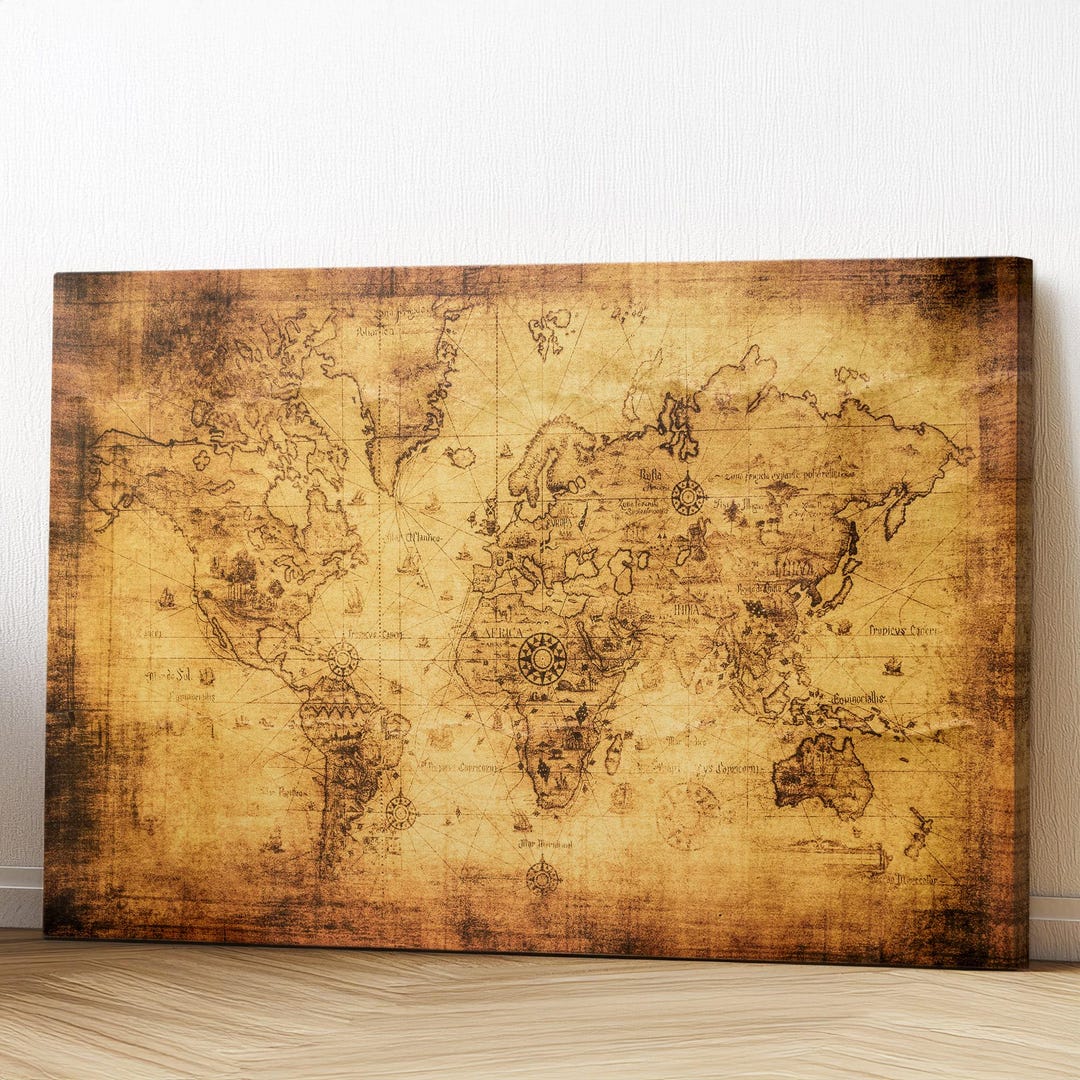 Vintage Detailed World Map Canvas Wall Print - Old World Map Geography ...