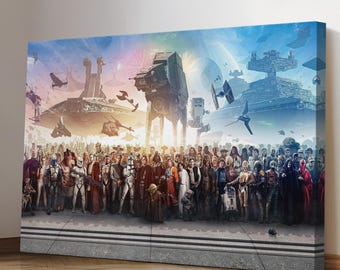 May include: A canvas print showing a large group of Star Wars characters and vehicles. The artwork depicts iconic characters and spacecraft against a backdrop of a colourful sky and space battle scenes. The print is mounted on a wooden frame.