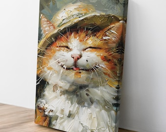 Happy Smiling Cat Vintage Canvas Wall Art - Maximalist Abstract Oil Painting - Chic Nursery Wall Print - Cat Lover Gift - Animal Wall Art