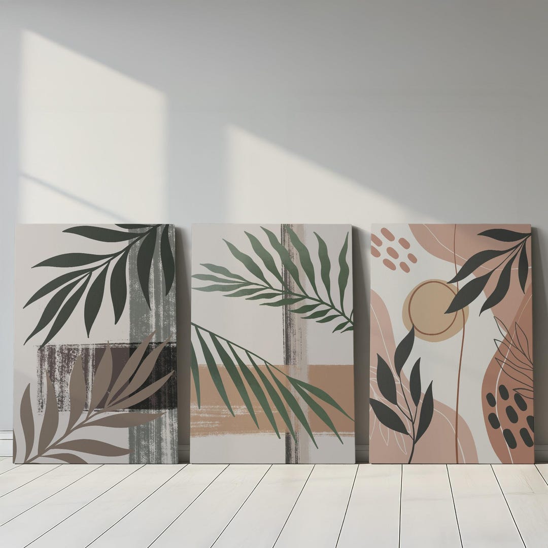 Set of 3 Botanical Leaves Canvas Wall Art Set - Neutral Boho Palm ...