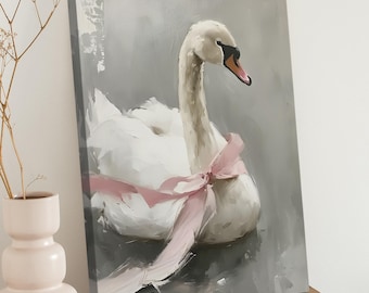 White Vintage Swan with Pink Bow Wall Print on Canvas - Trendy Girl Nursery Decor-Preppy Swan Oil Art Painting-Aesthetic Coquette Room Decor