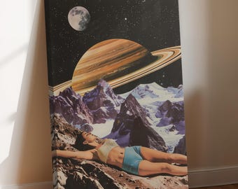 Vintage Space Dreams Retro WallArt on Canvas -Whimsical Trippy Wall Art -Psychedelic Cool Space Wall Print -Surreal Fantasy Cosmic Art Decor