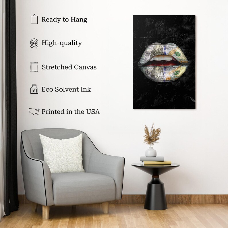 Puede incluir: Impresi&oacute;n en lienzo que muestra un primer plano de labios hechos con billetes de cien d&oacute;lares estadounidenses sobre un fondo negro. La obra de arte est&aacute; estirada sobre un lienzo y lista para colgar. La impresi&oacute;n est&aacute; hecha con tinta eco-solvente e impresa en EE. UU.