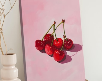 Cherries Print on Canvas - Girly Cherry Wall Art - Coquette Cherry Wall Art - Trendy Teen Girl Baby Art Print - Pink Girl Nursery Room Decor
