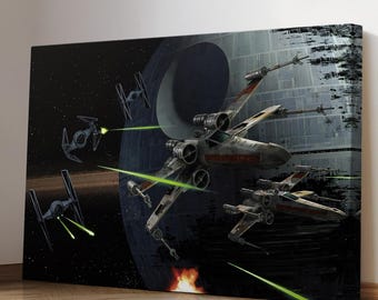 Death Star Battle - Star Wars Sci-Fi Canvas Print - Tie Fighter Space Battle Artwork - Modern Star Wars Wall Art - Great Gift for Him