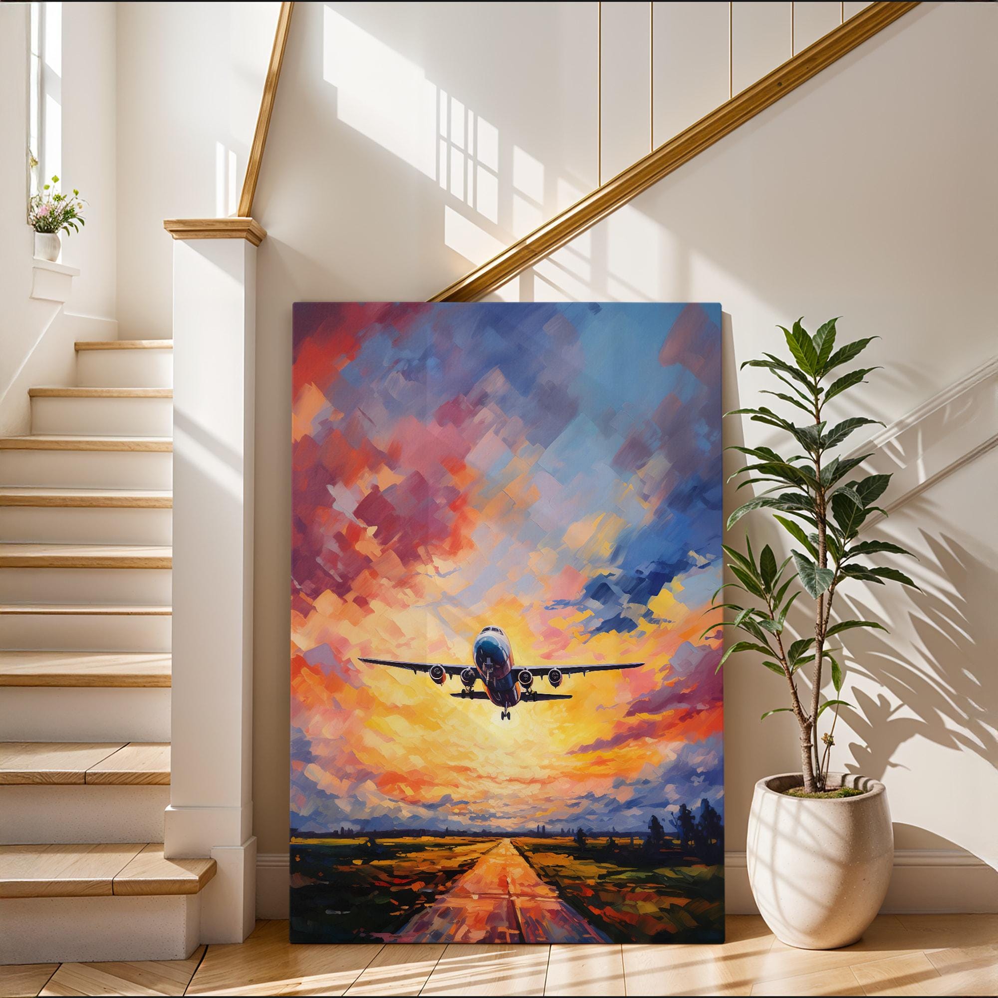 Abstract Colorful Flying Airplane Wall Art on Canvas - Modern Airplane ...