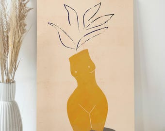 Abstract Female Body Vase Wall Art on Canvas - Aesthetic Modern Housewarming Gift -Neutral Vase Art Painting -Minimalist Boho Vase Art Print