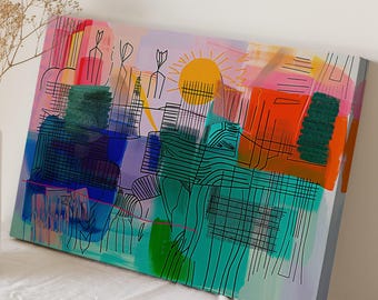 Colorful Geometric Shapes Abstract Painting on Canvas - Rainbow Geometric Print - Mid Century Modern Boho Wall Art - Large Colorful Decor