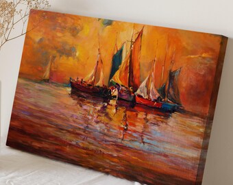 Abstract Colorful Sailboat Print on Canvas - Nautical Farmhouse Wall Art - Colorful Coastal Large Room Decor - Ocean Sailboat Art Painting