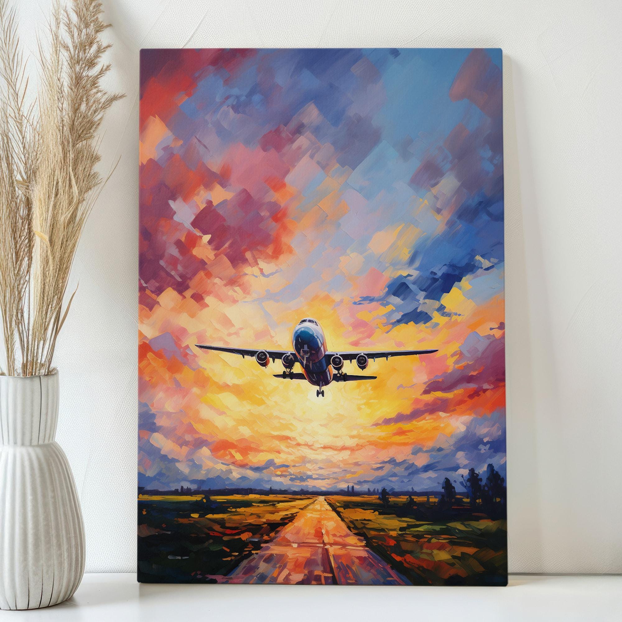 Abstract Colorful Flying Airplane Wall Art on Canvas - Modern Airplane ...