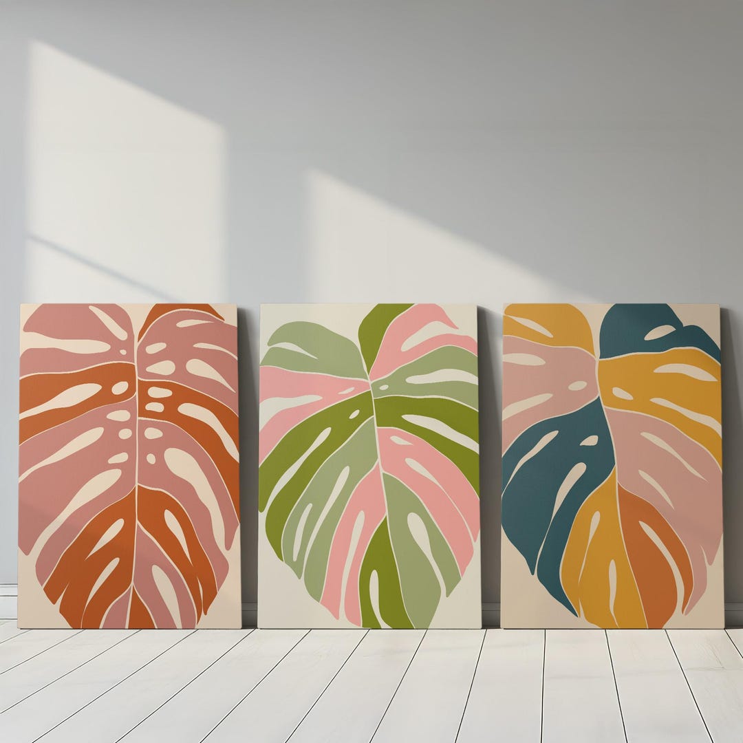 Set of 3 Botanical Palm Leaves Canvas Wall Art - Neutral Boho Leaves ...