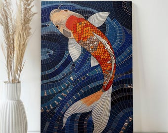 May include: A vibrant mosaic artwork featuring a koi fish in shades of orange, white, and gray, set against a deep blue background. The fish is depicted swimming through water, with detailed scales and fins. The artwork is displayed on a rectangular canvas.
