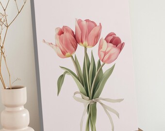 Coquette Pink Tulips Canvas Wall Art - Pink Girly Aesthetic Art Painting -Tulip Botanical Wall Decor - Trendy Tulip Wall Art - Gifts For Her
