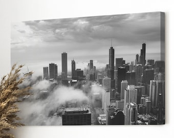 Black and White Chicago Skyline Art Print on Canvas - Modern Chicago Travel Wall Art - Housewarming Gift - Aesthetic Chicago City Wall Decor