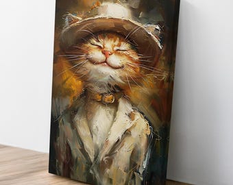 Happy Smiling Cat Vintage Canvas Wall Art - Maximalist Abstract Oil Painting - Chic Nursery Wall Print - Cat Lover Gift - Animal Wall Art