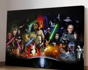 May include: A framed canvas print featuring a collage of characters and scenes from the Star Wars saga. The artwork showcases various characters with lightsabers, spaceships, and iconic imagery against a dark, starry background.