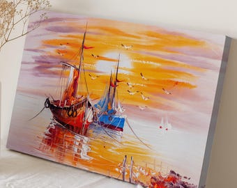 Abstract Colorful Sailboat Print on Canvas - Nautical Farmhouse Wall Art - Colorful Coastal Large Room Decor - Ocean Sailboat Art Painting