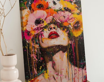 Beautiful Woman With Flowers Abstract Print on Canvas - Modern Aesthetic Flower Woman Room Decor - Girls Room Boho Wall Art - Gift For Her
