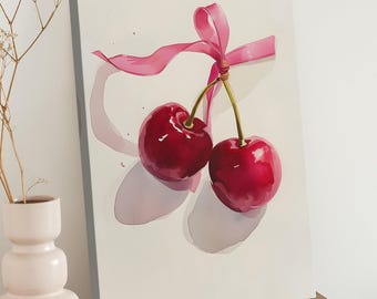 Pink Bow Cherry Canvas Wall Art - Coquette Girly Watercolor Art Painting - Preppy Teen Room Decor - Pink Cherry Baby Girl Nursery Art Print