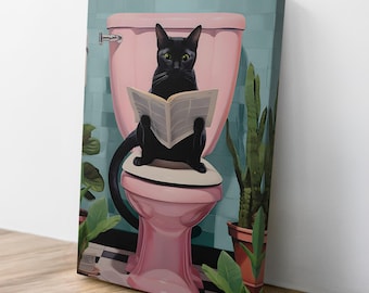 May include: A canvas print featuring a black cat sitting on a pink toilet, engrossed in reading a newspaper. The background includes a light blue wall, potted plants, and a black and white checkered floor, creating a whimsical scene.