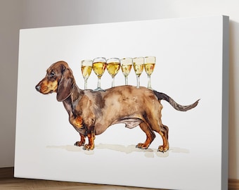 Dachshund With Wine Glasses Wall Art on Canvas -Dachshund Wineglass Dog Art Print -Alcohol Wine Cocktail Painting -Funny Bar Cart Wall Decor