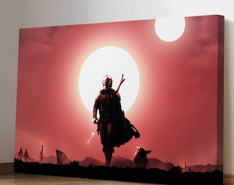 The Mandalorian & Baby Yoda-Modern Pop Culture Artwork-Trendy Movie Canvas Wall Art-Star Wars Prints on Canvas-Star Wars Gift Ideas for Fans