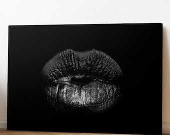 Black and White Lips Wall Art on Canvas - Aesthetic Black Lips Poster Art Print -Contemporary Lips Wall Decor -Modern Kiss Ladies Room Decor