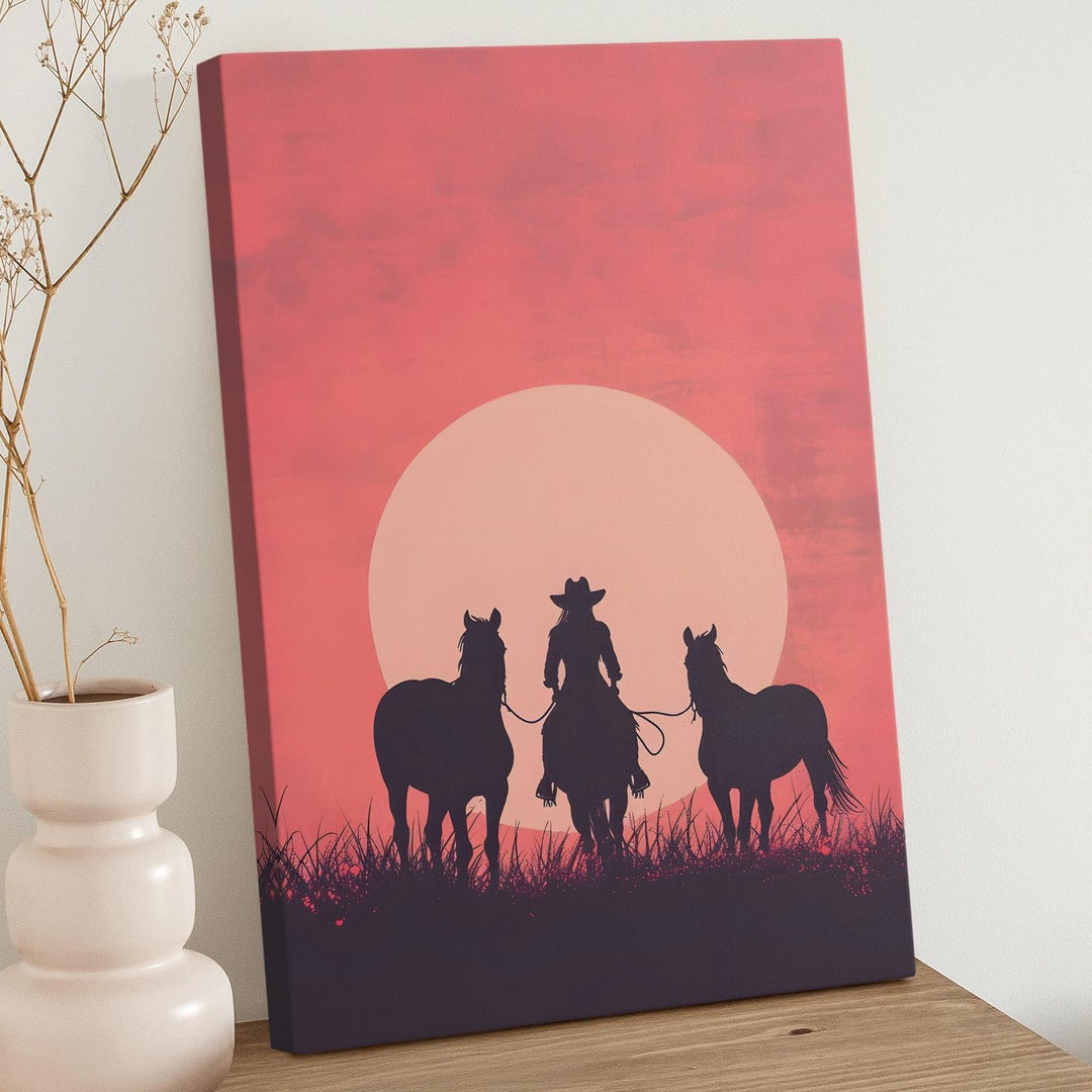 Cowgirl at Sunset Riding Horses Wall Art on Canvas - Vintage Western ...