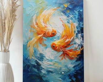 May include: An oil painting depicts two orange goldfish swimming in a circular pattern against a blue and white background. The artwork features textured brushstrokes, creating a dynamic and vibrant aquatic scene.