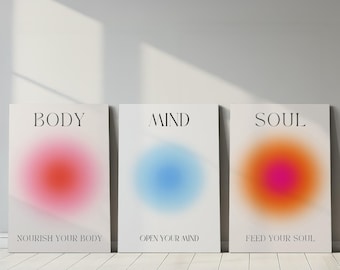 3 pieces of Mind Body Soul Wall Art Set on Canvas - Minimalistic Affirmation Triptych Wall Art - Preppy Room Decor -Colorful Aura Art Prints
