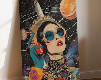Vintage Space Dreams Retro WallArt on Canvas -Whimsical Trippy Wall Art -Psychedelic Cool Space Wall Print -Surreal Fantasy Cosmic Art Decor