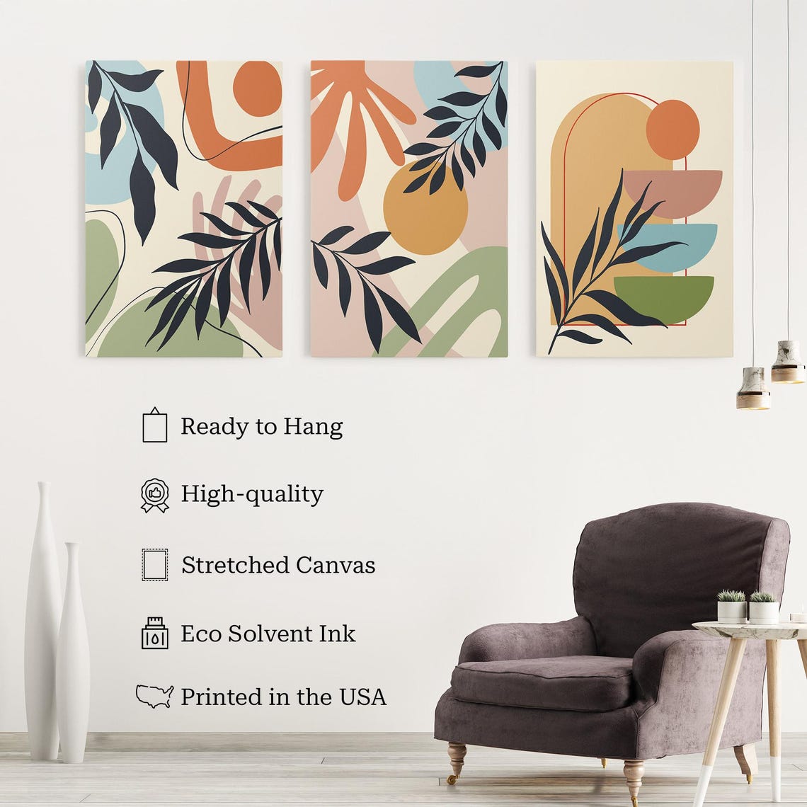 Set of 3 Botanical Leaves Canvas Wall Art Set - Modern Abstract Set ...