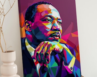 Arte mural abstracto pop de Martin Luther King Jr. sobre lienzo - Impresión mural con retrato vibrante - Regalo para él - Decoración de arte maximalista de historia negra de gran tamaño