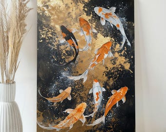Cuadro de peces koi en lienzo - Arte japonés estilo Wabi Sabi - Decoración estética japonesa para habitaciones - Arte de pared con peces japoneses - Arte contemporáneo colorido