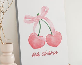 Pink Bow Cherry Canvas Wall Art - Coquette Girly Watercolor Art Painting - Preppy Teen Room Decor - Pink Cherry Baby Girl Nursery Art Print