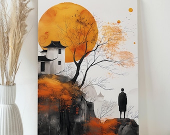 Arte mural de templo zen sobre lienzo con un sol naranja gigante: decoración asiática de montaña serena para habitaciones bohemias modernas. Impresión artística minimalista de naturaleza japonesa.