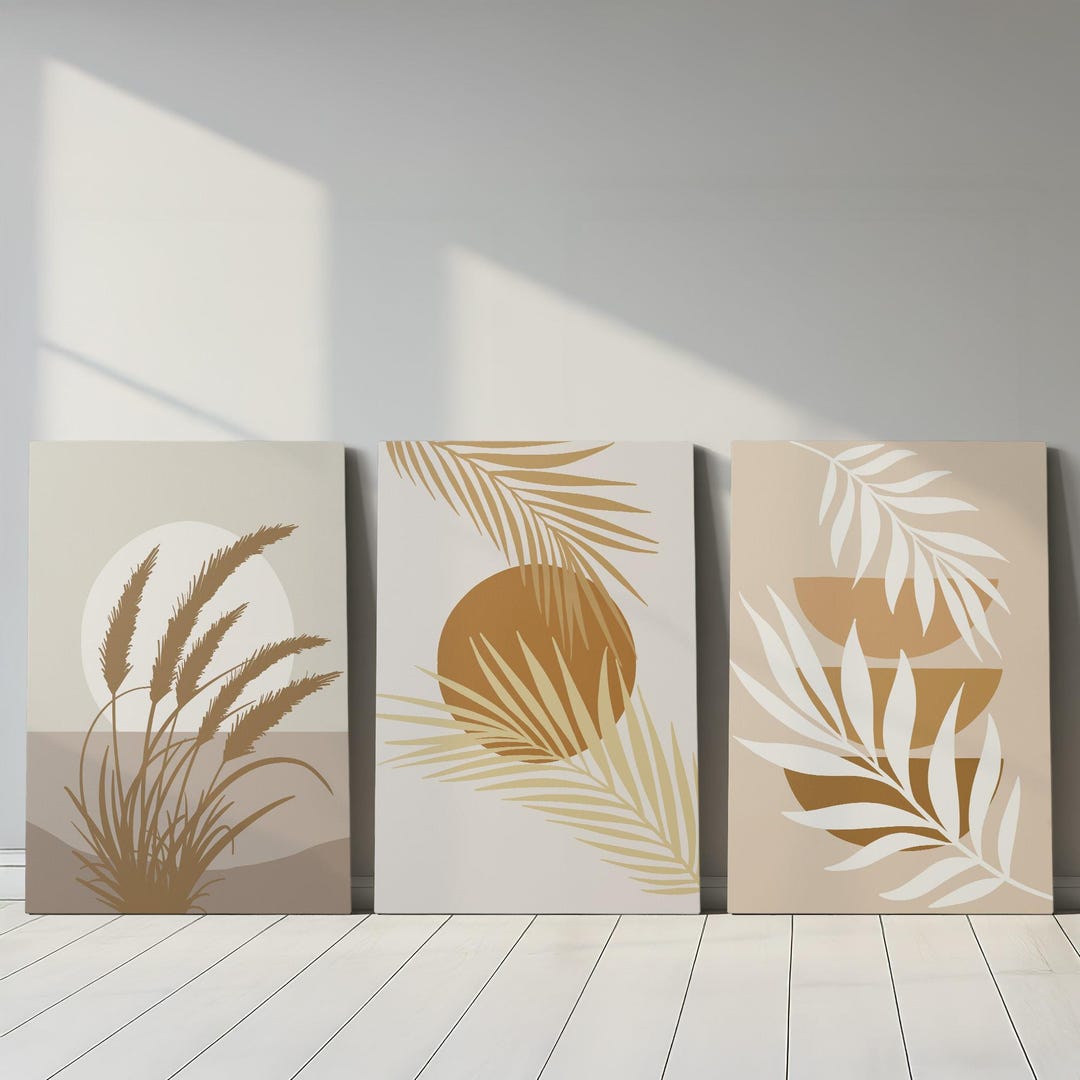 Set of 3 Botanical Leaves Canvas Wall Art Set - Neutral Boho Palm ...