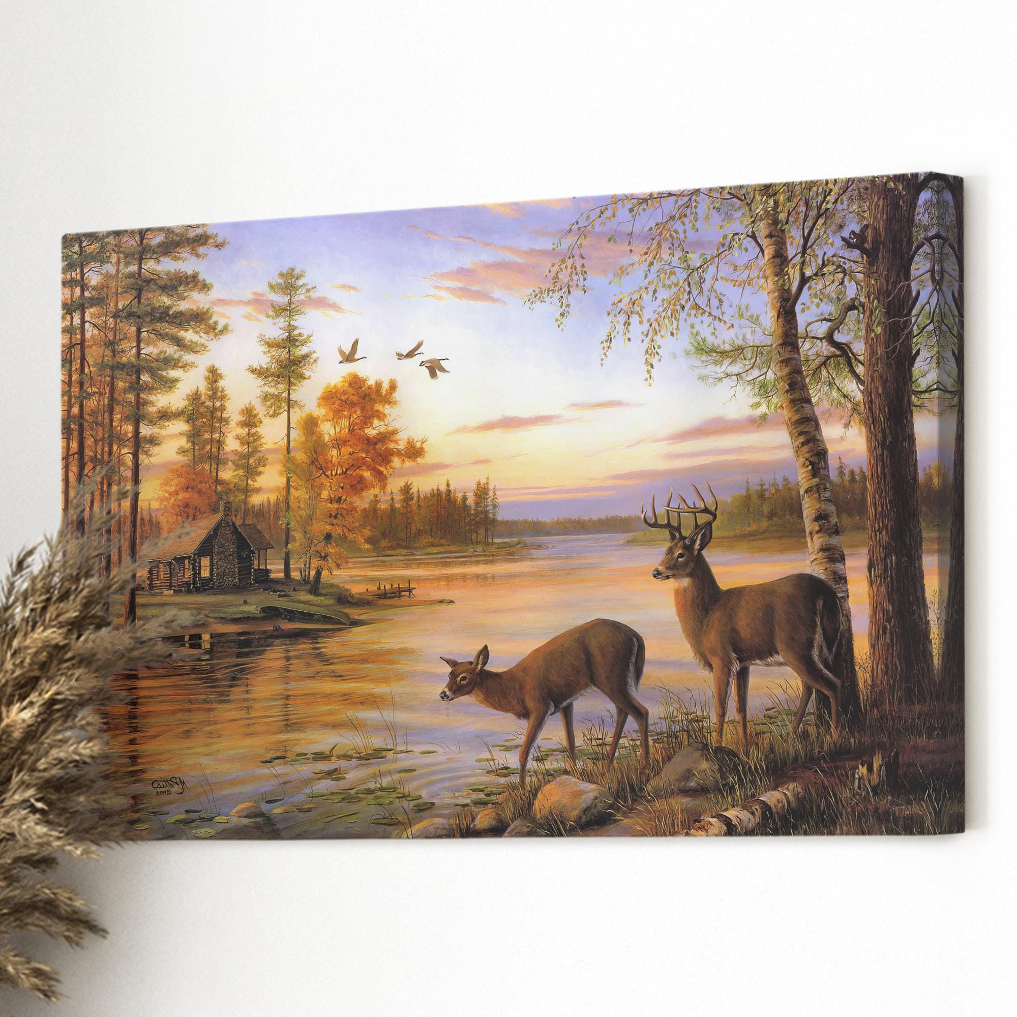 Wildlife Deer Canvas Wall Art - Animal Print Gifts - Mountain River and ...