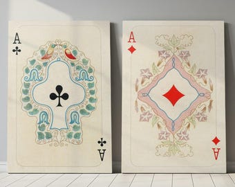Juego de 2 impresiones de ases de tréboles y diamantes vintage sobre lienzo - Decoración moderna y retro para sala de póker - Impresiones de pared de naipes preppy