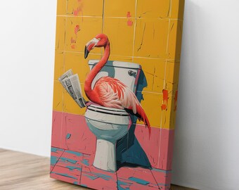 Flamingo Sitting on Toilet Reading a Newspaper Wall Art on Canvas - Funny Flamingo Bathroom Decor - Wildlife Maximalist Eclectic Art Print