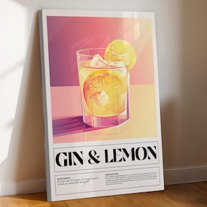 May include: A framed art print featuring a gin and lemon cocktail illustration. The image showcases a clear glass filled with ice, lemon slices, and a yellow liquid, set against a gradient background. The text "GIN & LEMON" is displayed prominently.