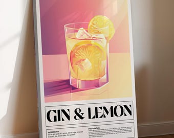 Gin and Lemon Canvas Wall Art - Alcohol Gin and Tonic Art Print - Bar Cart Art - Preppy Bar Cocktail Art Decor - Trendy Cocktail Print Decor