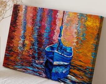 Abstract Colorful Sailboat Print on Canvas - Nautical Farmhouse Wall Art - Colorful Coastal Large Room Decor - Ocean Sailboat Art Painting