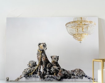 Gold Cheetah Leopard by Banksy Canvas Wall Art - Luxe Graffiti Street Art Design -Bold Modern Pop Art - Hypebeast Wall Décor for Home Office