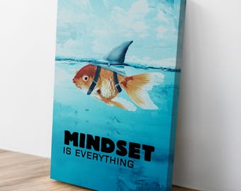 Mindset is Everything Motivational Art Print on Canvas - Modern Motivational Goldfish Office Wall Decor - Inspirational Quote Fish Wall Art