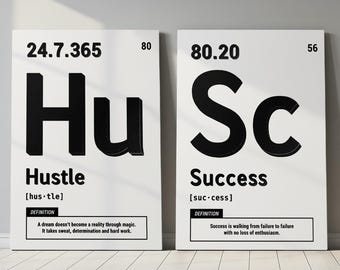 May include: Two white framed motivational posters. The left poster says "Hu Hustle" in large black letters, with the definition below. The right poster says "Sc Success" in large black letters, with the definition below.