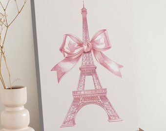 Pink Eiffel Tower with Pink Bow Wall Art on Canvas - Coquette Baby Girl Nursery Wall Print - Aesthetic Pink Eiffel Tower Above Bed Art Decor