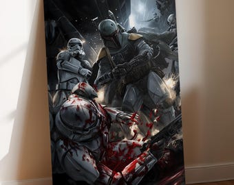 Boba Fett Stormtroopers Battle Print on Canvas – Star Wars Home Office Fantasy Wall Decor –Unique Gift for Star Wars Fans –Modern Sci-Fi Art